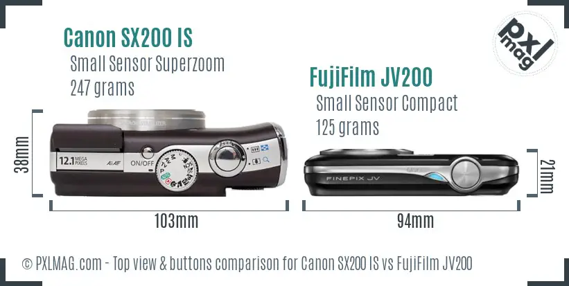 Canon SX200 IS vs FujiFilm JV200 top view buttons comparison