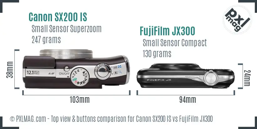 Canon SX200 IS vs FujiFilm JX300 top view buttons comparison Canon SX200 IS vs FujiFilm JX300 top view buttons comparison
