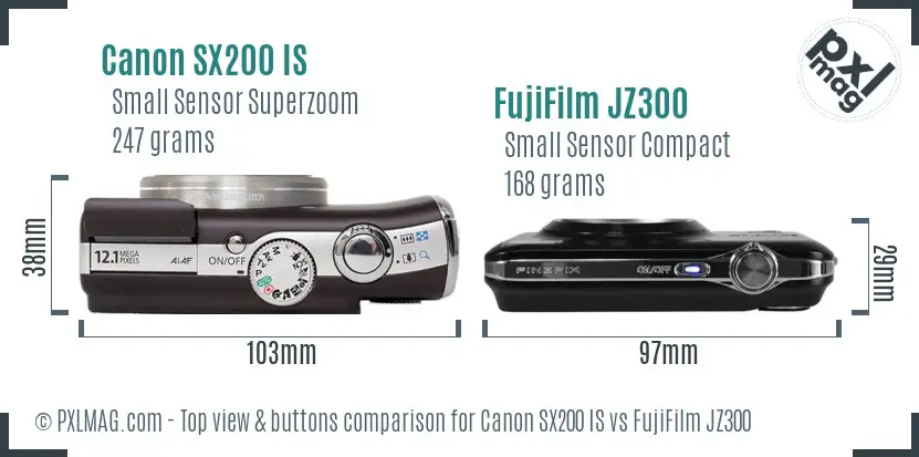 Canon SX200 IS vs FujiFilm JZ300 top view buttons comparison