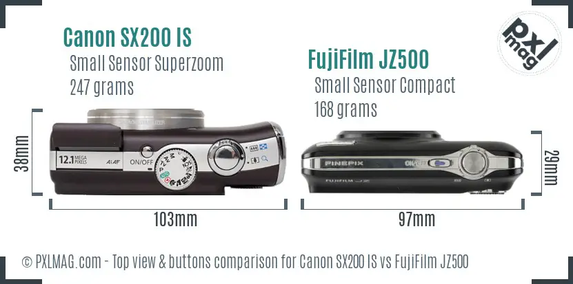 Canon SX200 IS vs FujiFilm JZ500 top view buttons comparison