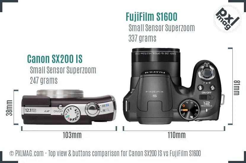 Canon SX200 IS vs FujiFilm S1600 top view buttons comparison