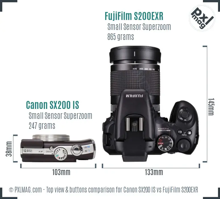 Canon SX200 IS vs FujiFilm S200EXR top view buttons comparison