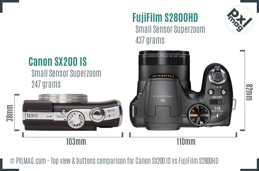 Canon SX200 IS vs FujiFilm S2800HD top view buttons comparison Canon SX200 IS vs FujiFilm S2800HD top view buttons comparison
