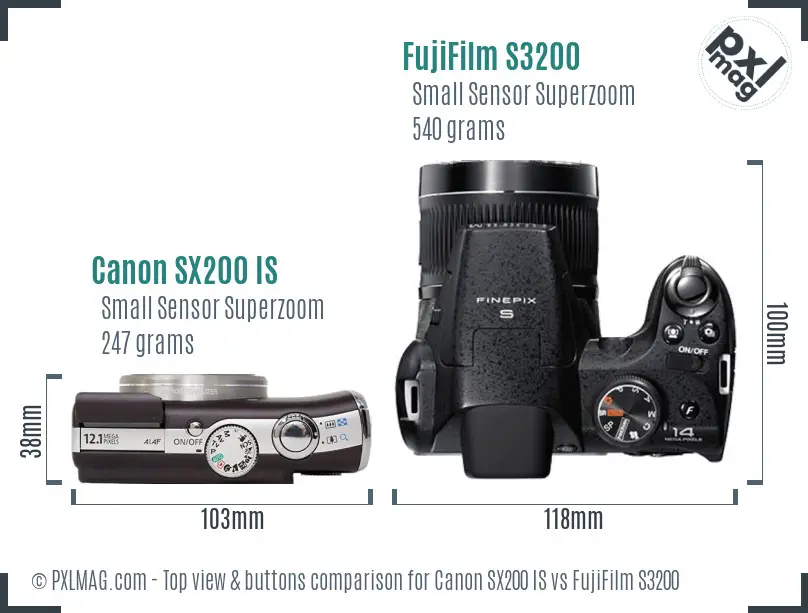 Canon SX200 IS vs FujiFilm S3200 top view buttons comparison