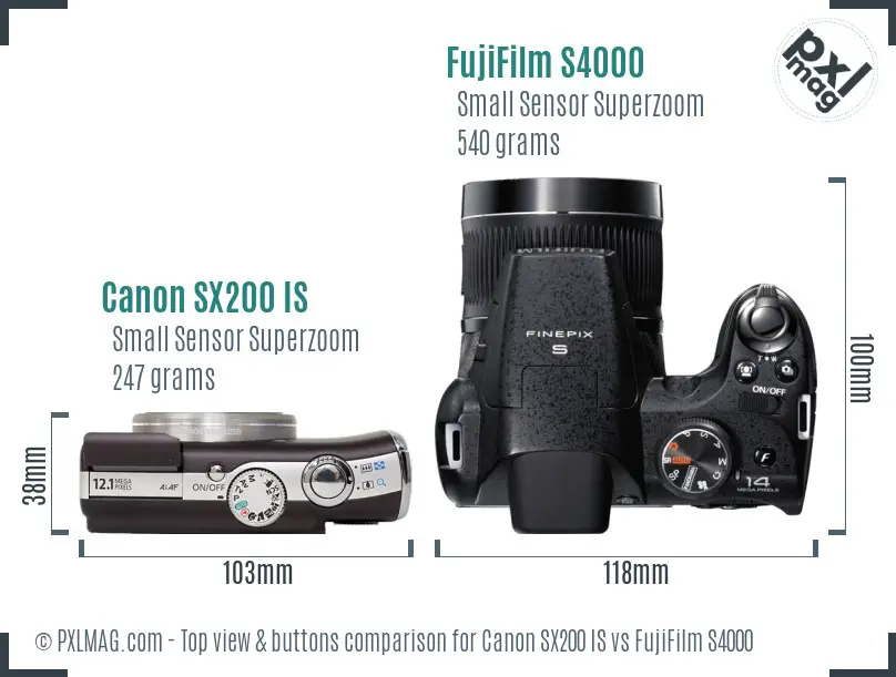 Canon SX200 IS vs FujiFilm S4000 top view buttons comparison