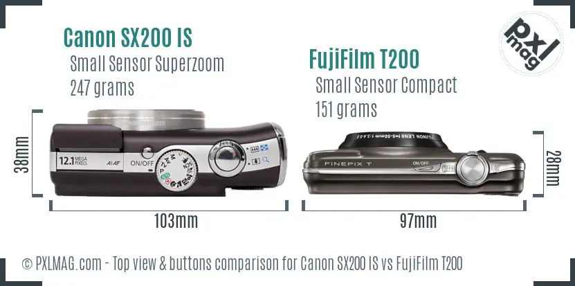 Canon SX200 IS vs FujiFilm T200 top view buttons comparison