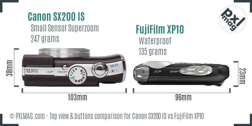 Canon SX200 IS vs FujiFilm XP10 top view buttons comparison Canon SX200 IS vs FujiFilm XP10 top view buttons comparison