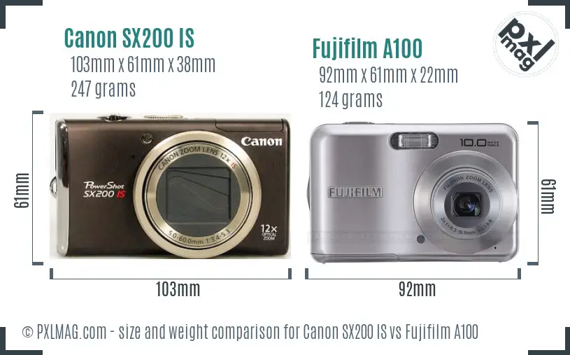 Canon SX200 IS vs Fujifilm A100 size comparison Canon SX200 IS vs Fujifilm A100 size comparison