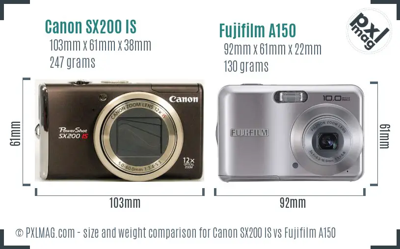 Canon SX200 IS vs Fujifilm A150 size comparison Canon SX200 IS vs Fujifilm A150 size comparison