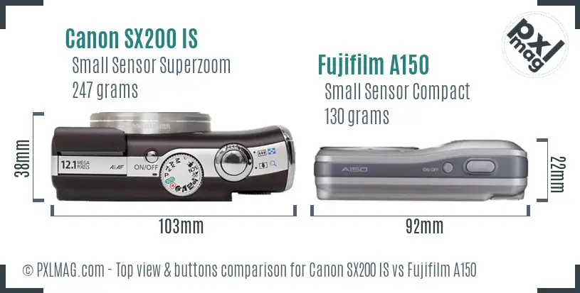 Canon SX200 IS vs Fujifilm A150 top view buttons comparison Canon SX200 IS vs Fujifilm A150 top view buttons comparison