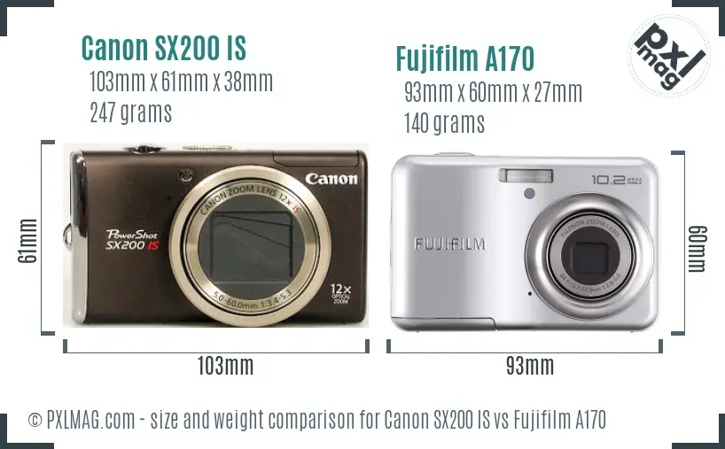 Canon SX200 IS vs Fujifilm A170 size comparison