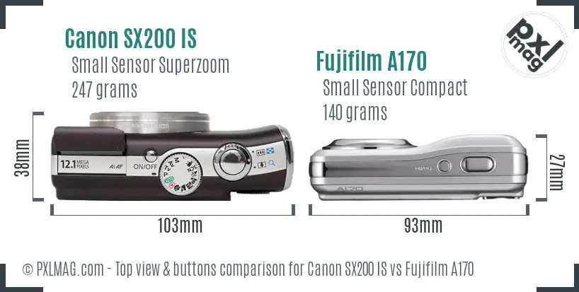 Canon SX200 IS vs Fujifilm A170 top view buttons comparison