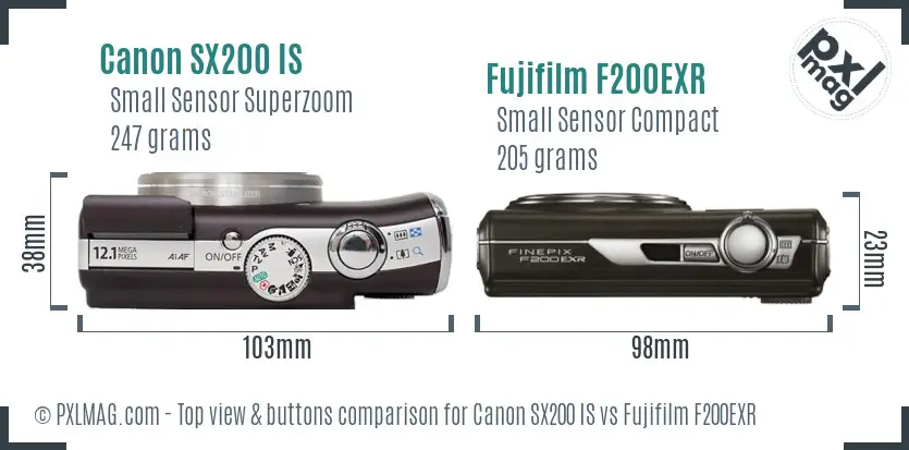 Canon SX200 IS vs Fujifilm F200EXR top view buttons comparison