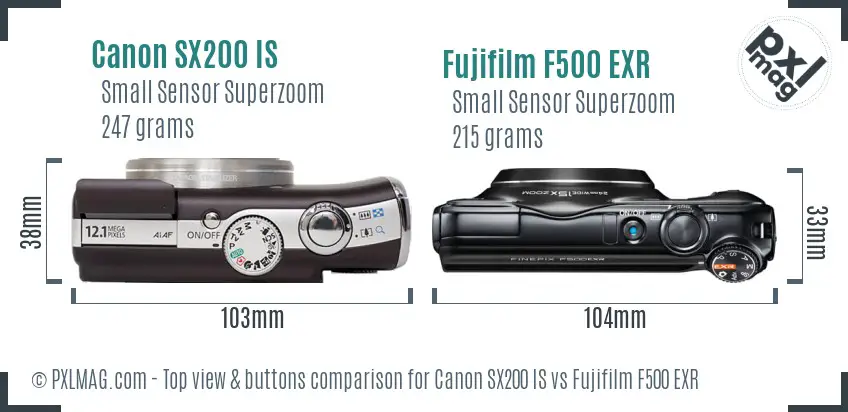 Canon SX200 IS vs Fujifilm F500 EXR top view buttons comparison