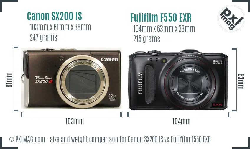 Canon SX200 IS vs Fujifilm F550 EXR size comparison