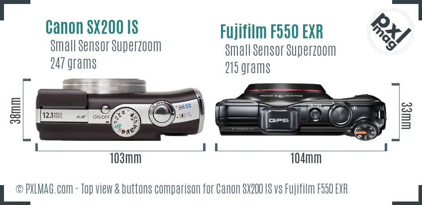 Canon SX200 IS vs Fujifilm F550 EXR top view buttons comparison