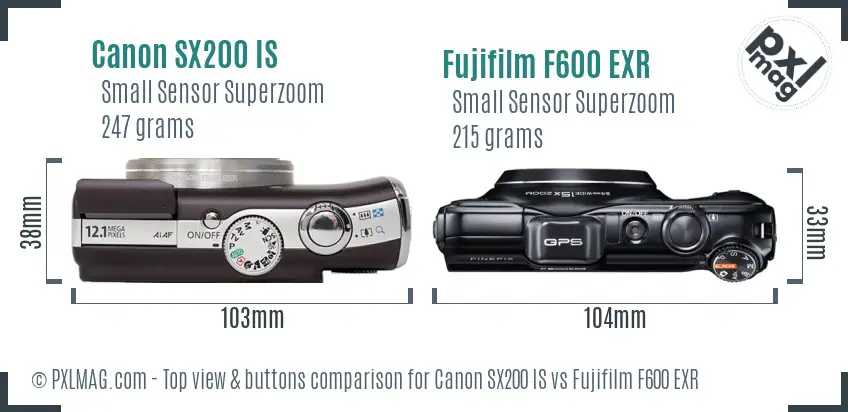 Canon SX200 IS vs Fujifilm F600 EXR top view buttons comparison Canon SX200 IS vs Fujifilm F600 EXR top view buttons comparison