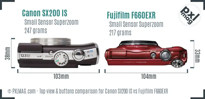 Canon SX200 IS vs Fujifilm F660EXR top view buttons comparison Canon SX200 IS vs Fujifilm F660EXR top view buttons comparison