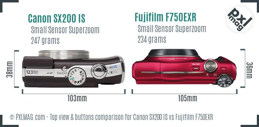 Canon SX200 IS vs Fujifilm F750EXR top view buttons comparison