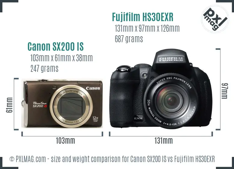 Canon SX200 IS vs Fujifilm HS30EXR size comparison
