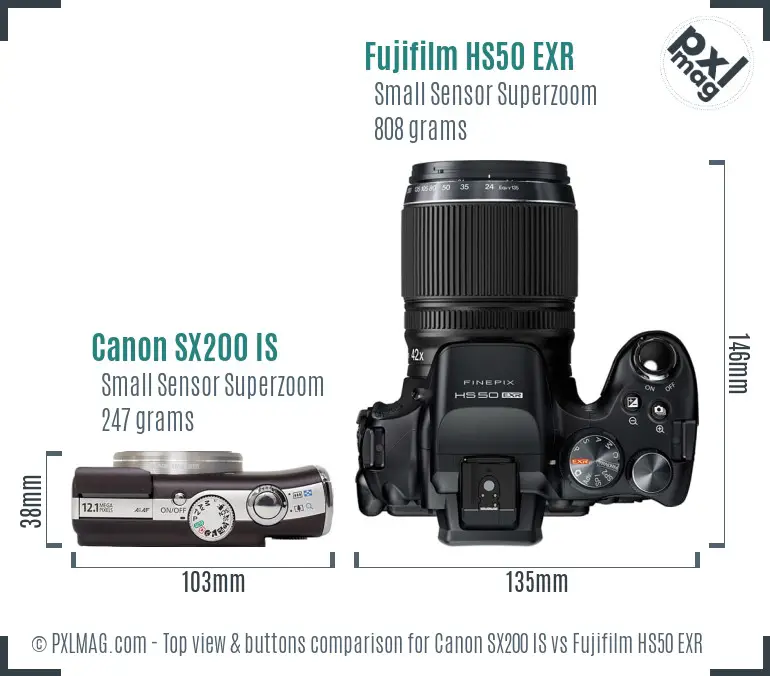 Canon SX200 IS vs Fujifilm HS50 EXR top view buttons comparison