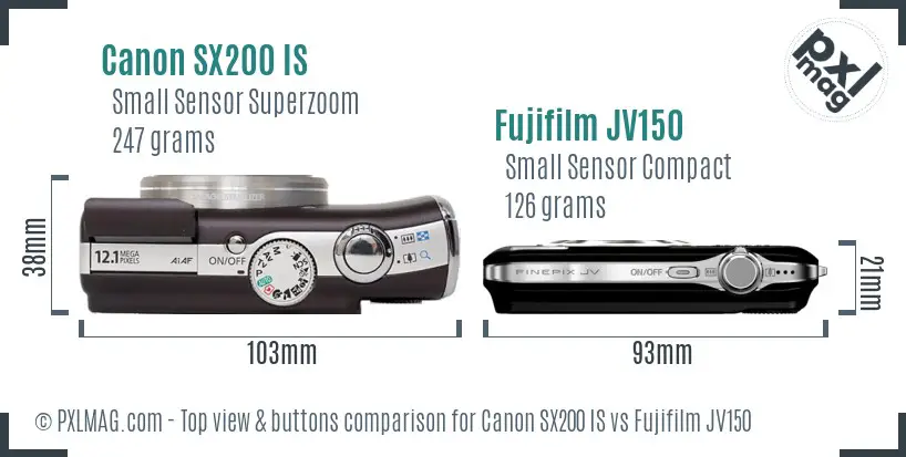 Canon SX200 IS vs Fujifilm JV150 top view buttons comparison Canon SX200 IS vs Fujifilm JV150 top view buttons comparison