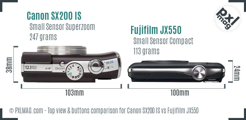 Canon SX200 IS vs Fujifilm JX550 top view buttons comparison