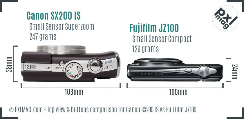 Canon SX200 IS vs Fujifilm JZ100 top view buttons comparison