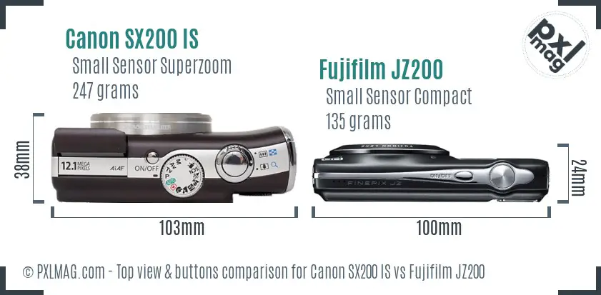 Canon SX200 IS vs Fujifilm JZ200 top view buttons comparison