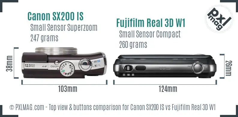 Canon SX200 IS vs Fujifilm Real 3D W1 top view buttons comparison