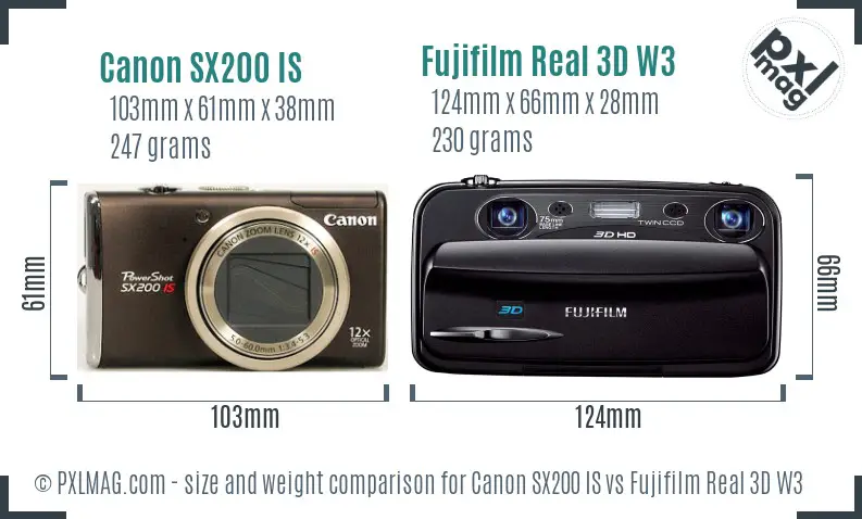 Canon SX200 IS vs Fujifilm Real 3D W3 size comparison