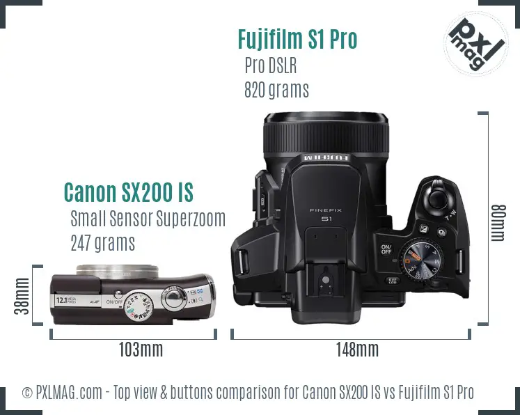 Canon SX200 IS vs Fujifilm S1 Pro top view buttons comparison