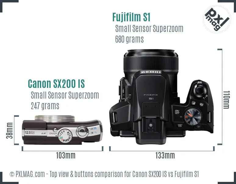 Canon SX200 IS vs Fujifilm S1 top view buttons comparison