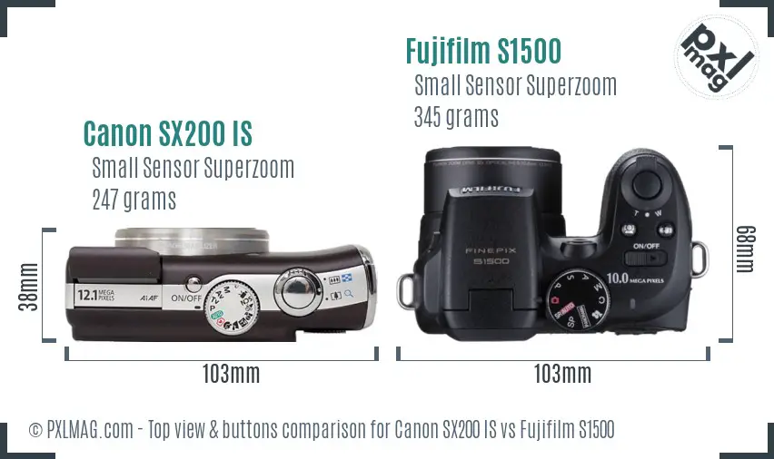 Canon SX200 IS vs Fujifilm S1500 top view buttons comparison