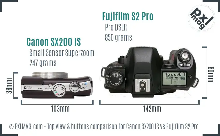 Canon SX200 IS vs Fujifilm S2 Pro top view buttons comparison