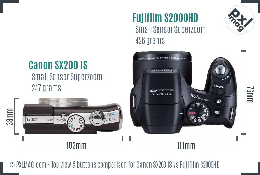 Canon SX200 IS vs Fujifilm S2000HD top view buttons comparison