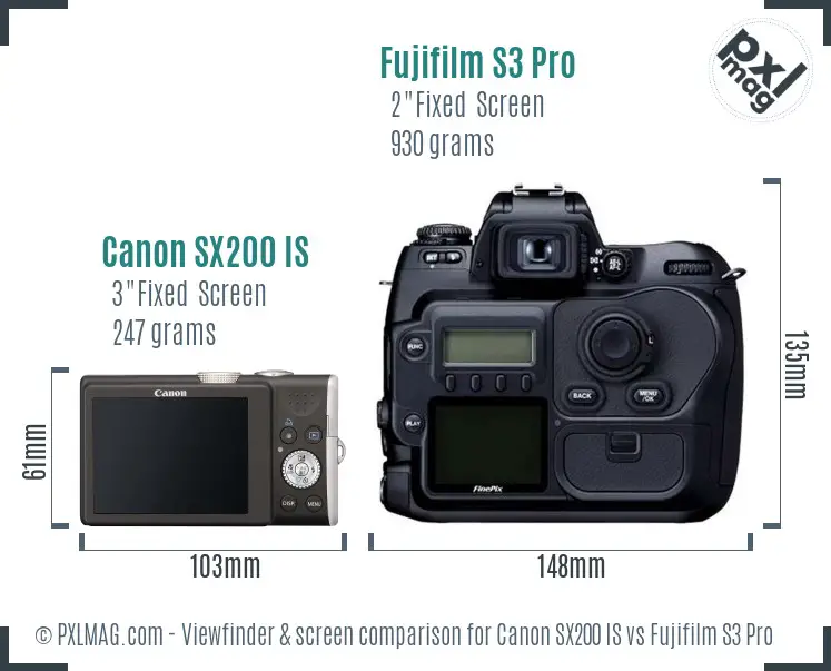 Canon SX200 IS vs Fujifilm S3 Pro Screen and Viewfinder comparison