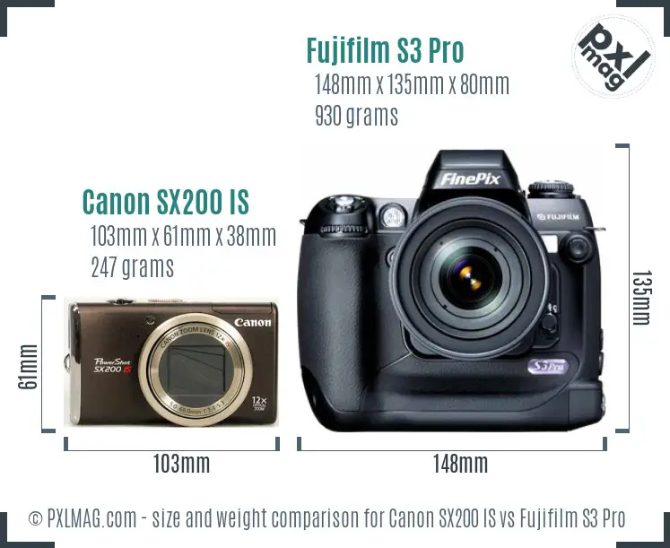 Canon SX200 IS vs Fujifilm S3 Pro size comparison