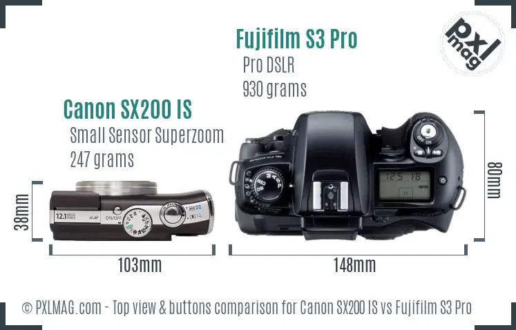 Canon SX200 IS vs Fujifilm S3 Pro top view buttons comparison