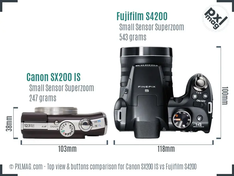 Canon SX200 IS vs Fujifilm S4200 top view buttons comparison