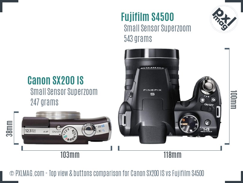 Canon SX200 IS vs Fujifilm S4500 top view buttons comparison