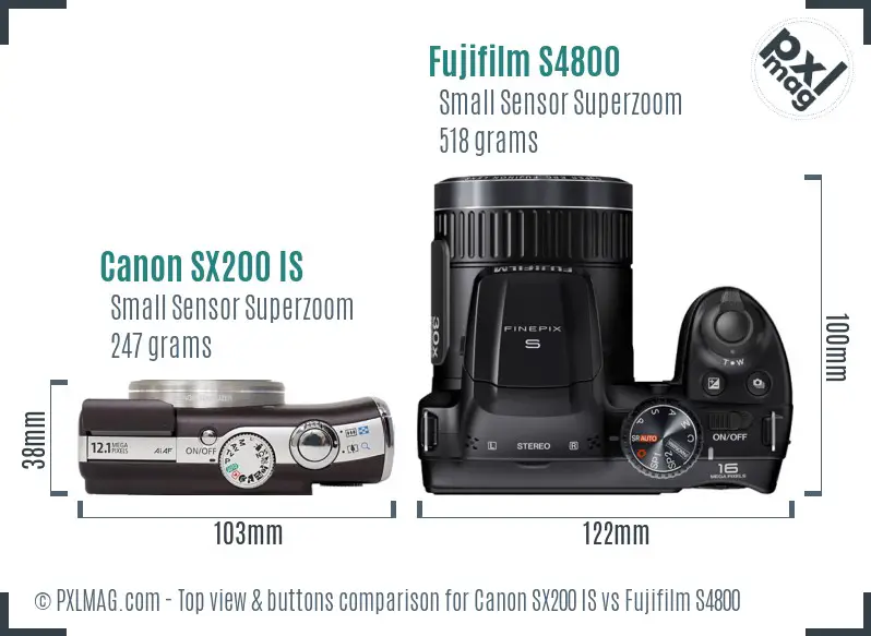 Canon SX200 IS vs Fujifilm S4800 top view buttons comparison