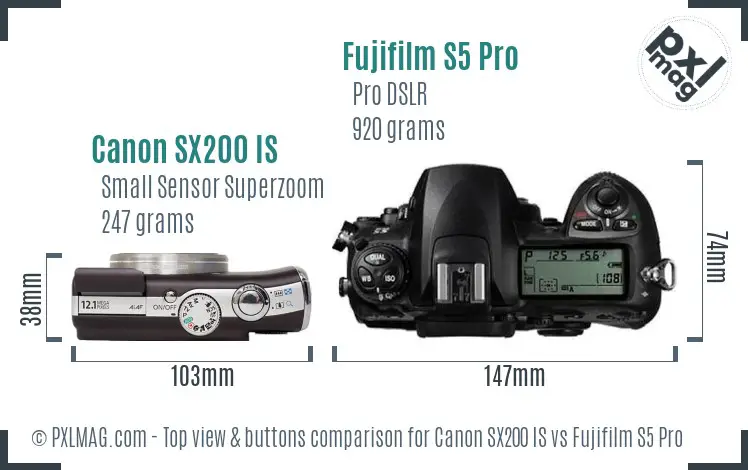 Canon SX200 IS vs Fujifilm S5 Pro top view buttons comparison