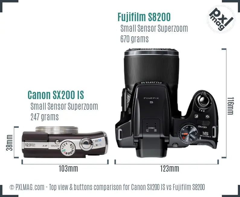 Canon SX200 IS vs Fujifilm S8200 top view buttons comparison