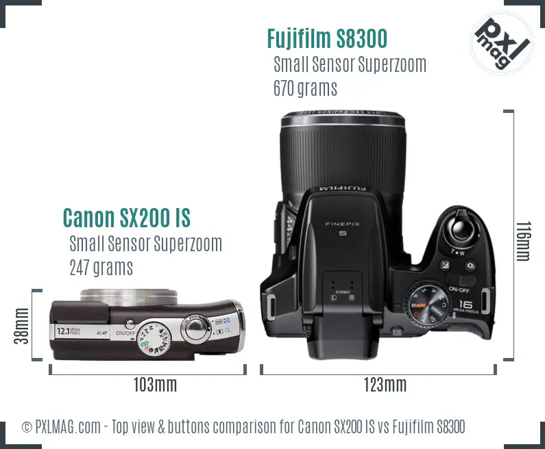 Canon SX200 IS vs Fujifilm S8300 top view buttons comparison Canon SX200 IS vs Fujifilm S8300 top view buttons comparison