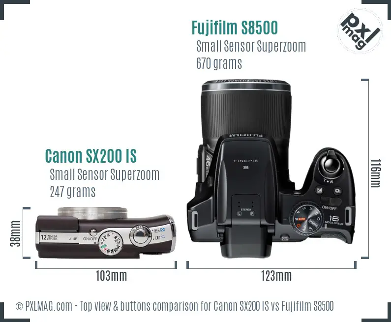 Canon SX200 IS vs Fujifilm S8500 top view buttons comparison