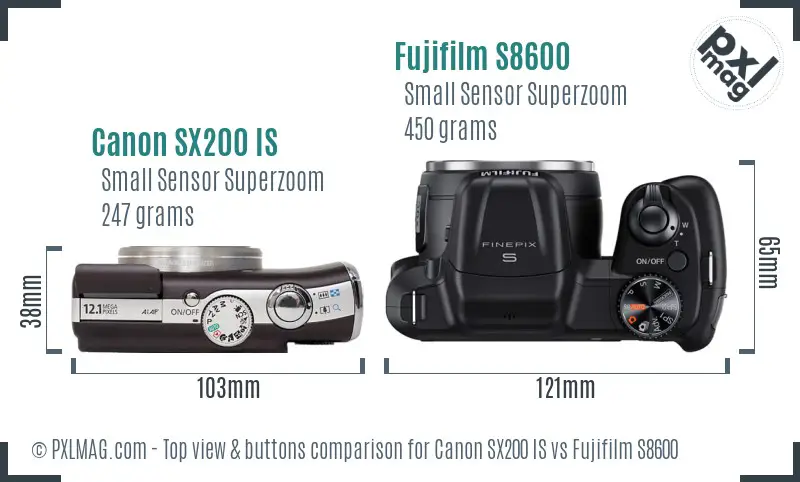 Canon SX200 IS vs Fujifilm S8600 top view buttons comparison