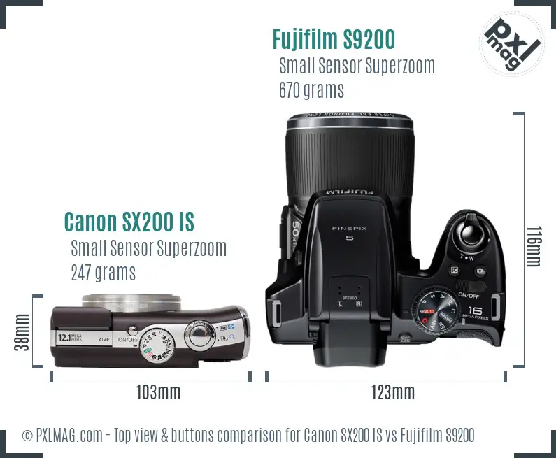 Canon SX200 IS vs Fujifilm S9200 top view buttons comparison