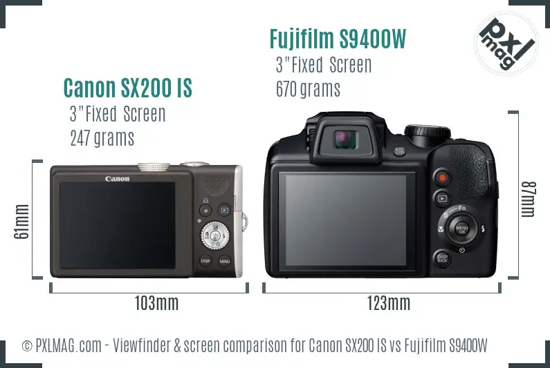 Canon SX200 IS vs Fujifilm S9400W Screen and Viewfinder comparison