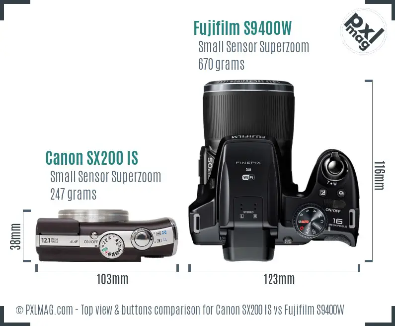 Canon SX200 IS vs Fujifilm S9400W top view buttons comparison